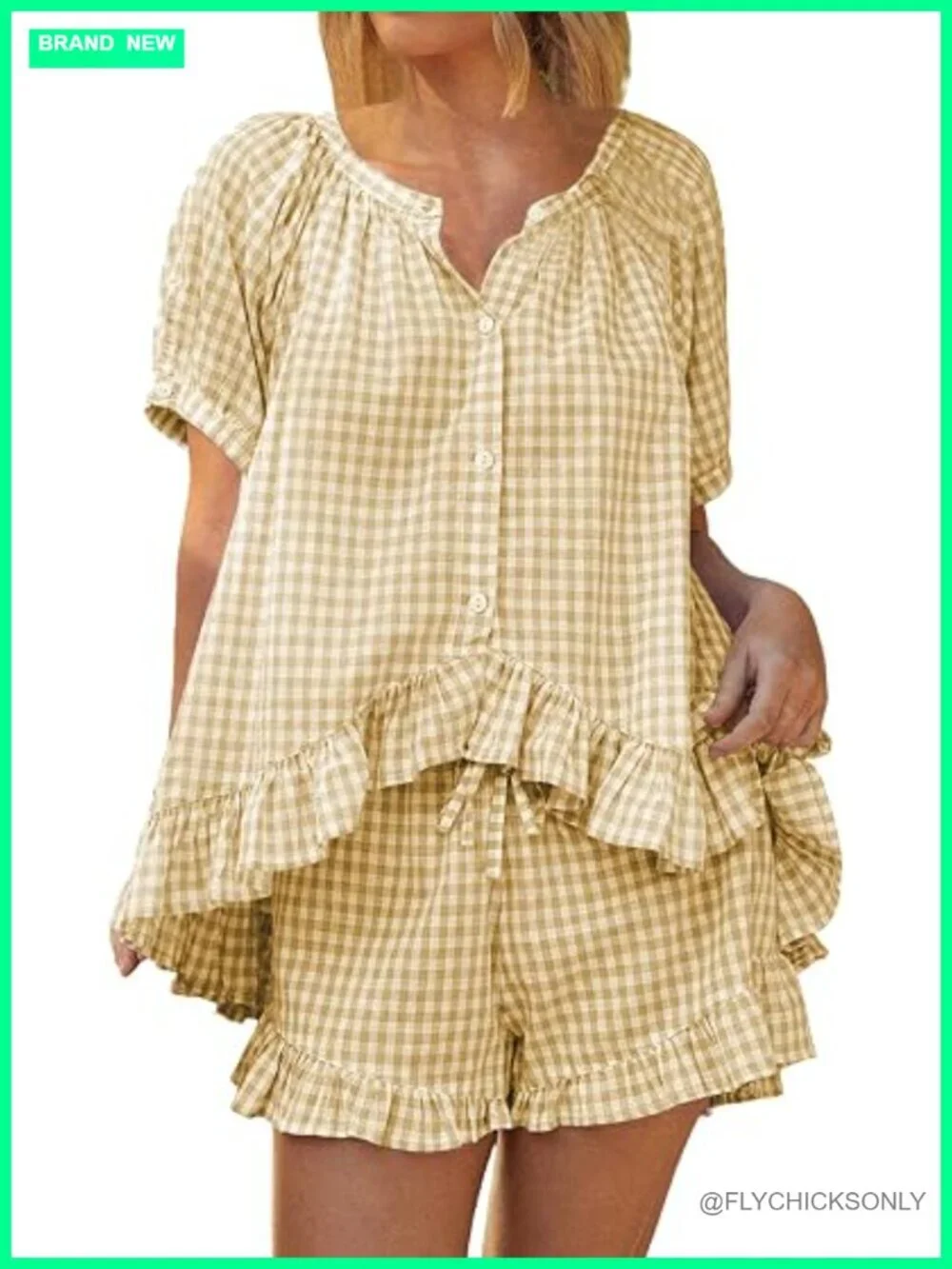 Womens Cotton Blend Pajama Set 2 Piece Short Sleeve Plaid Ruffle Pjs Sleepwear
